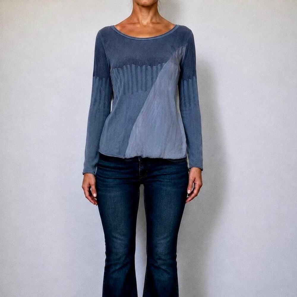 Vintage Italian 100% Silk Slate Blue Asymmetrical Knit Long Sleeve Top Size M